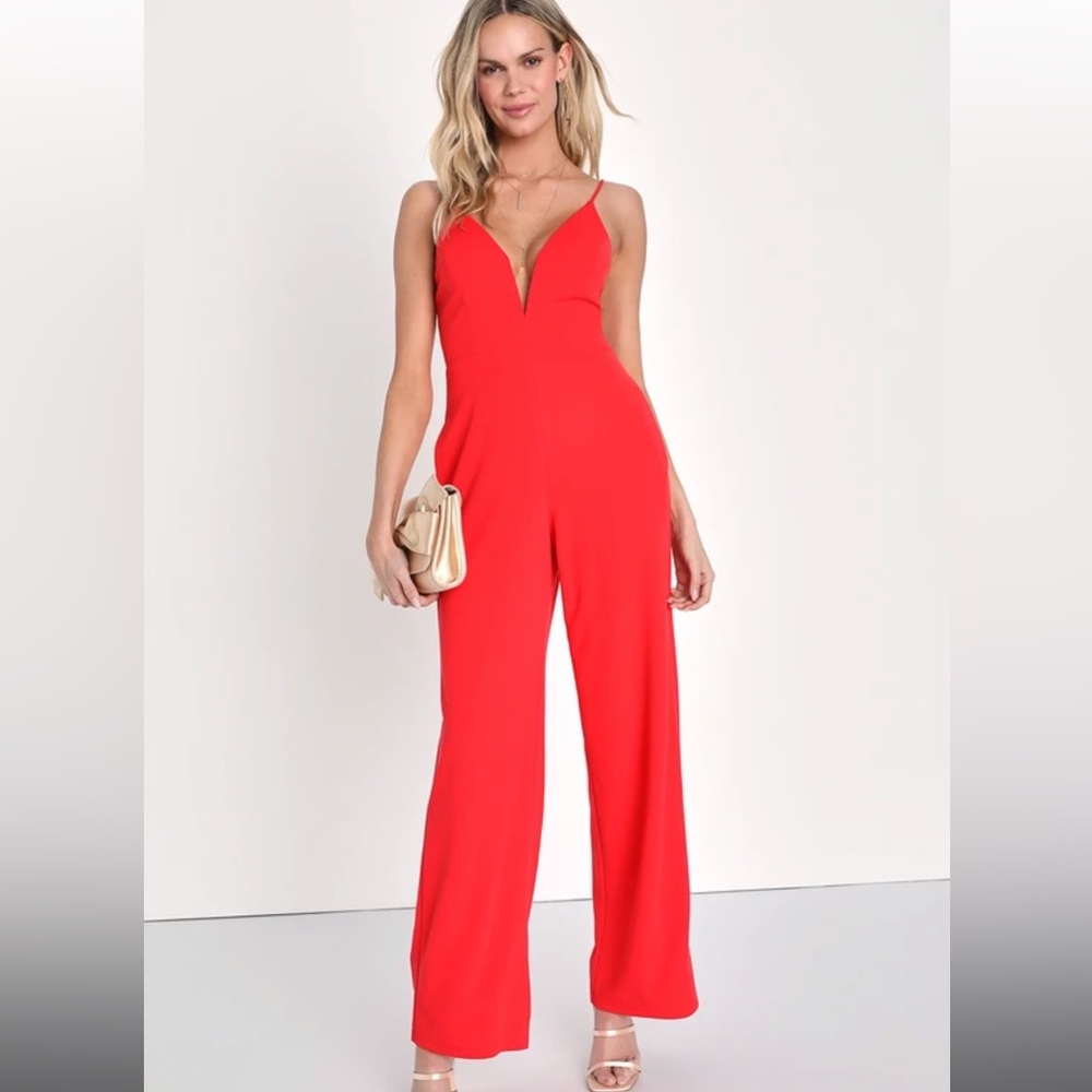 NWT Fierce Flirt Coral Red Plunge Sleeveless Wide-Leg Jumpsuit